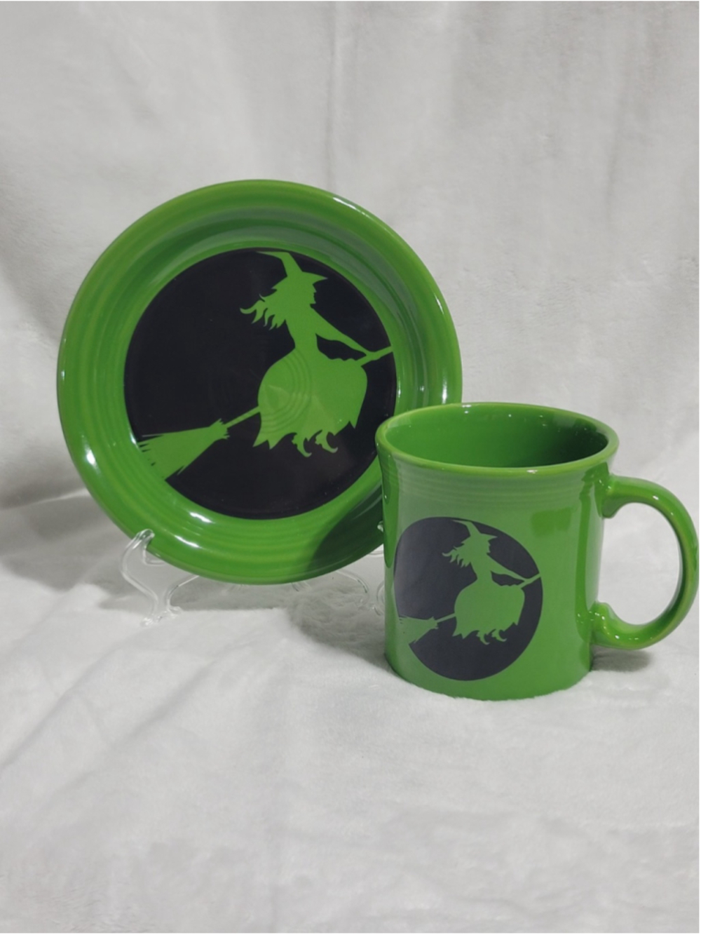 Fiesta Shamrock Witch Java Mug Appetizer Plate Halloween Retired Set